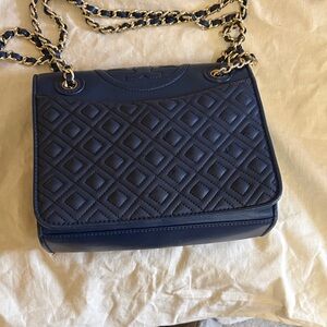 Tory Burch Quilted Leather Chain Shoulder Bag - Navy with Gold Hardware